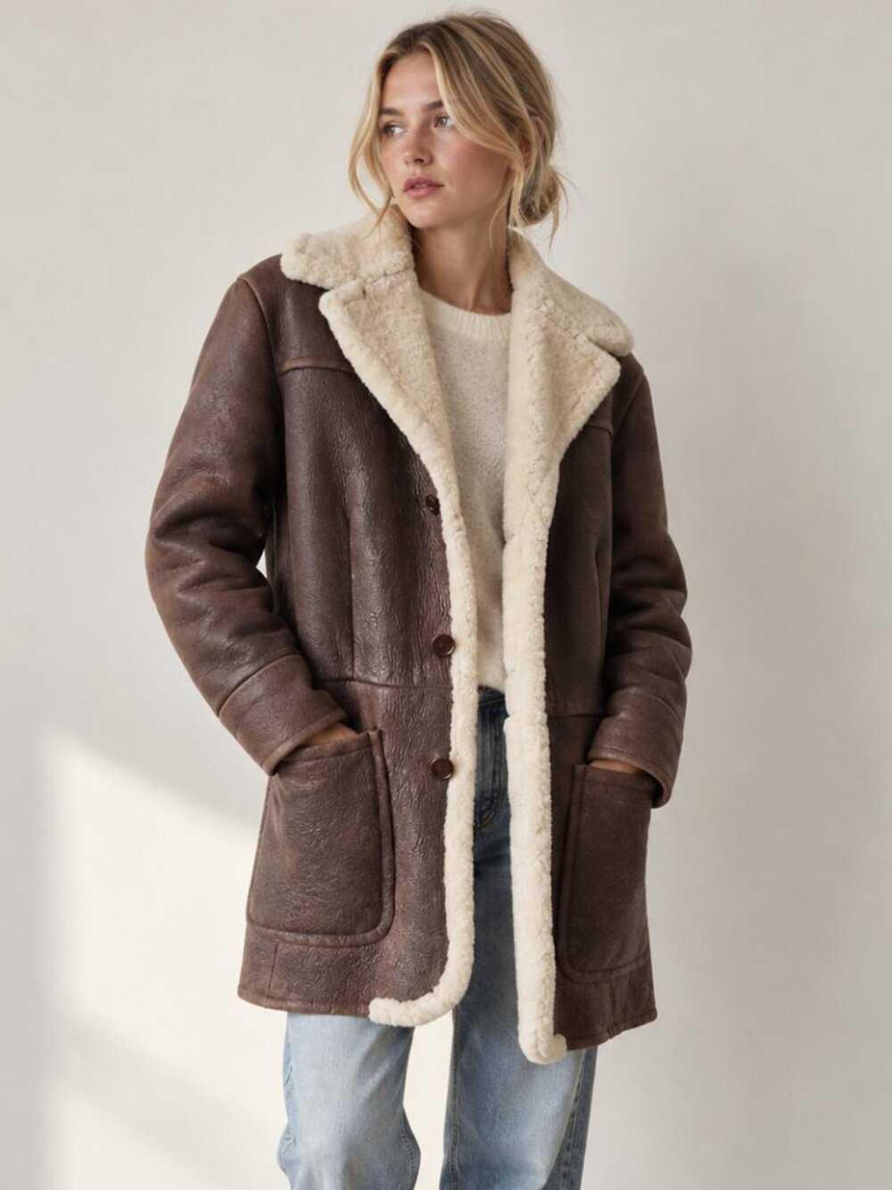 Vintage THEORY Bronte Brown Genuine Leather Shearling Lined Coat 90s Y2K